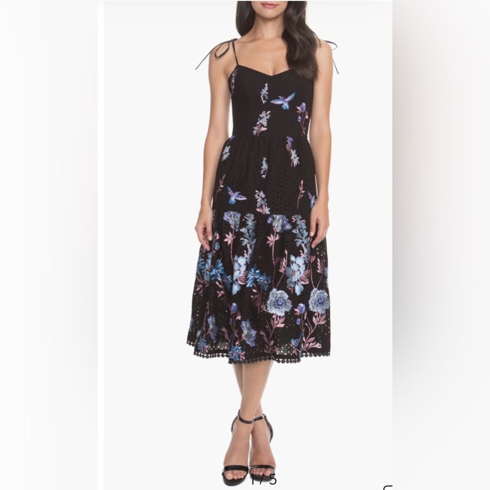 Sold NWT Dress the Population Black Floral embroidered Midi Dress